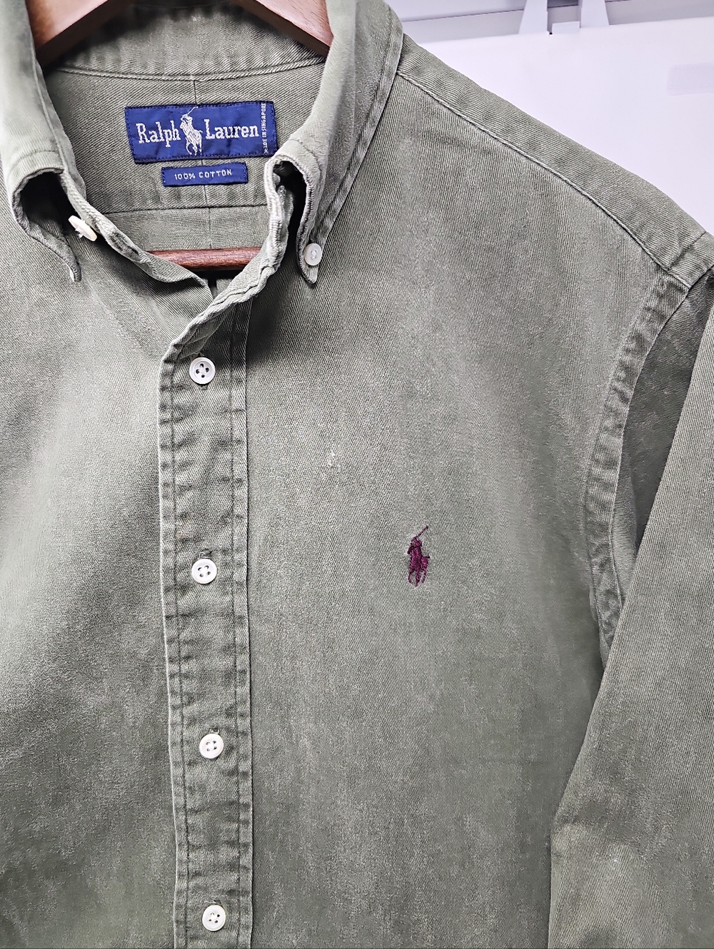 Vintage 90s Ralph Lauren Olive Green Long-Sleeve Button-Down Shirt - Picture 3 of 11